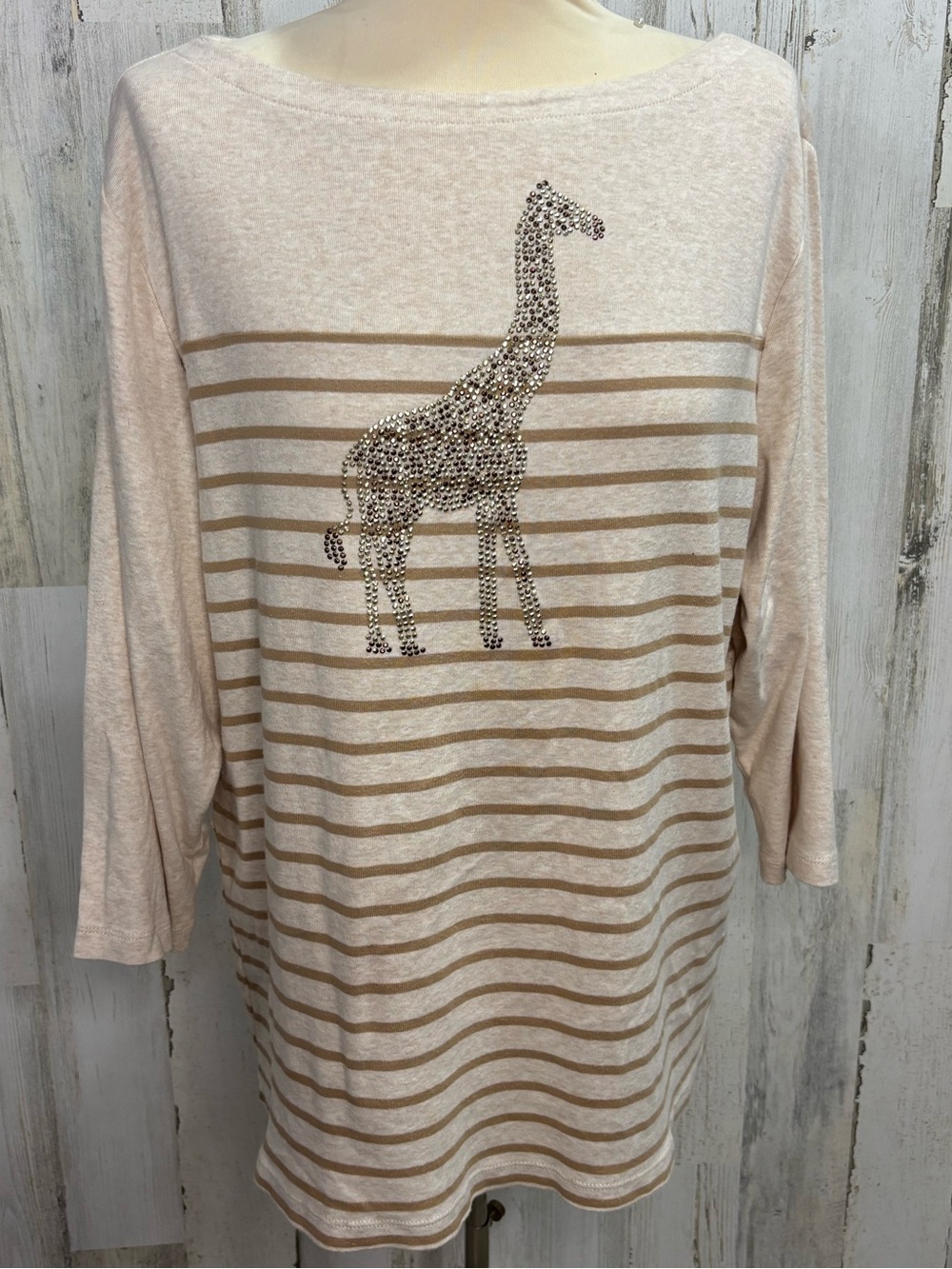 Karen Scott Cream and Tan Striped Studded Giraffe Boatneck Top